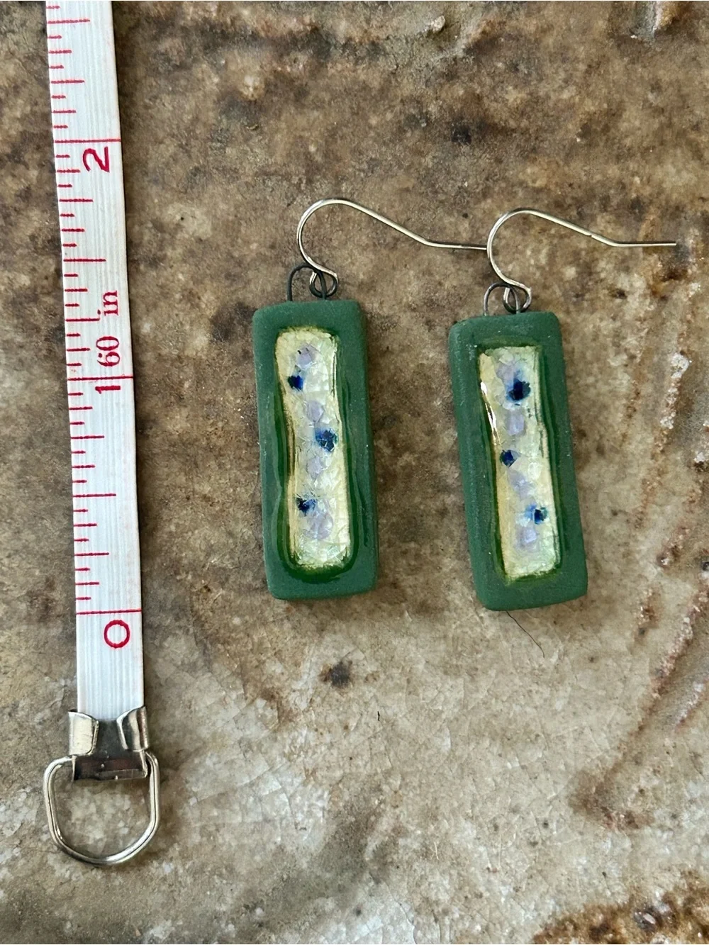 Green Ceramic Rectangular Drop Earrings with Crackle Glaze Inlay
